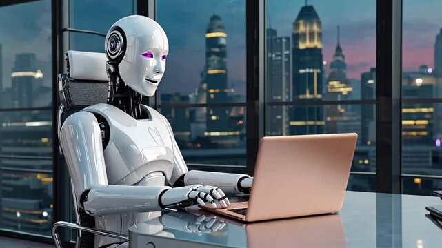 AI Automation at Work: A sleek, futuristic android sits at a desk, typing on a laptop, against the backdrop of a cityscape.
