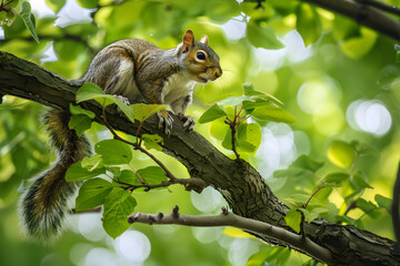 Obraz premium Curious Squirrel Perched on a Tree Branch in Lush Green Foliage Capturing a Moment of Nature's Serenity