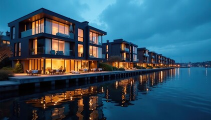 Obraz premium Glass facades of modern houses shine brightly against a dark waterfront , home, architecture