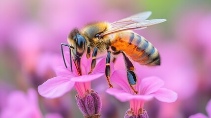 Bee on Flower: Close-up of a honeybee pollinating a vibrant pink flower, showcasing intricate details of the insect's body and the delicate petals, captured in a soft, natural light.