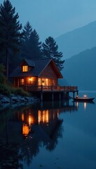 Fototapeta premium Illuminated lakeside dwelling, extending wooden pier, placid waters reflecting light , water, modern, light