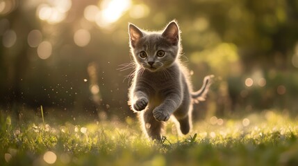 Kitten Running in Sunny Meadow