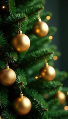 Magnificent golden baubles on a vibrant green Christmas tree , decoration, holiday