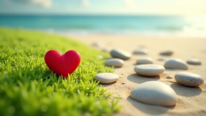 Fototapeta premium A red heart nestled in vibrant green grass beside a tranquil ocean, with a path of smooth stones leading to the water's edge, symbolizing a journey to serenity and love.