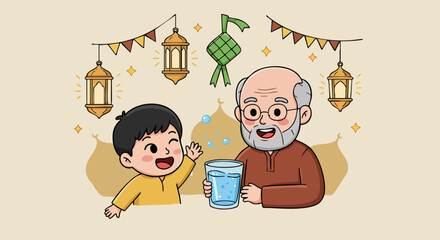 An elderly man and a young boy joyfully break their fast with water, celebrating Iftar during Ramadan under festive lanterns and decorations.