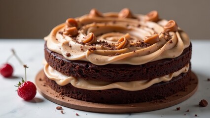 Decadent Double Layer Chocolate Cake with Creamy Caramel Frosting and Toasted Caramel Pieces