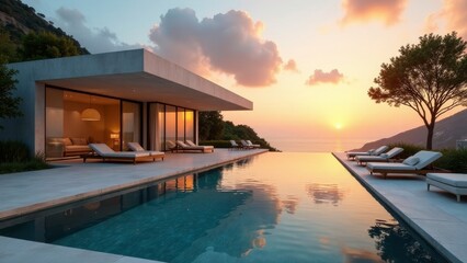 Serene Sunset Vista Modern Architectural Home with Infinity Pool and Lounge Chairs
