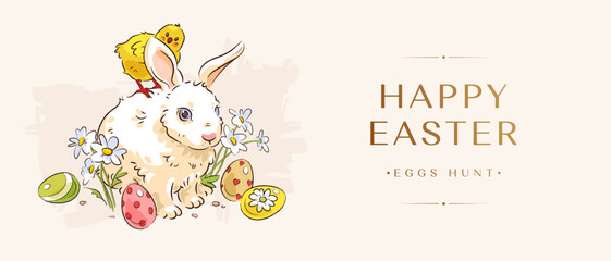 Happy easter horizontal web baner, flyer or wallpaper design template with hand drawn easter eggs, cute easter bunny, chicken flowers and golden text on pink background. Vector illustration