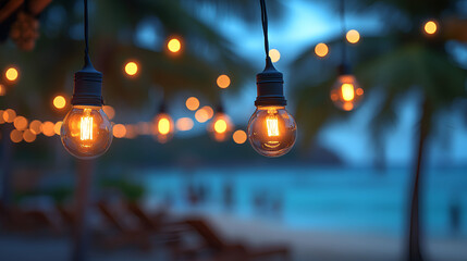 Vintage Edison bulbs with warm glow, string lights, rustic charm, nostalgic evening ambiance