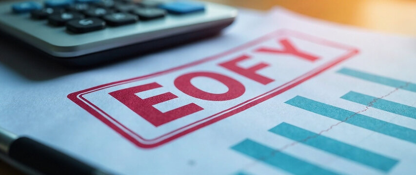 Generate an AI photo depicting EOFY (End of Financial Year).  The image should convey the conclusion of the accounting or financial year for a business or organization.  Include a text stamp or graphi