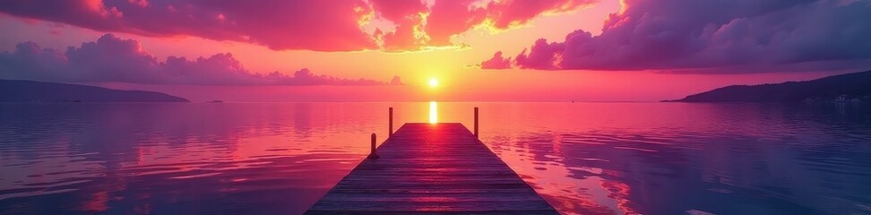 Obraz premium Sunset paints vibrant orange, pink, and purple across the dock and calm water , light, blue hour