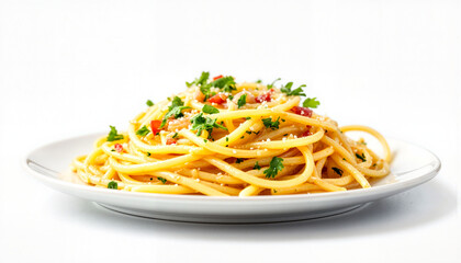 Delicious spaghetti garnished with herbs on a white plate, culinary delight