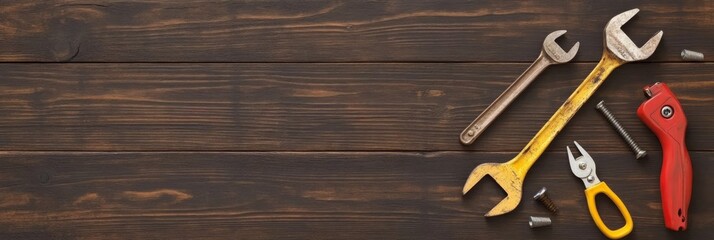 Weathered Workbench with Wrenches and Screws - Rustic tools on dark wood, symbolizing craftsmanship, repair, DIY projects, construction, and handiwork