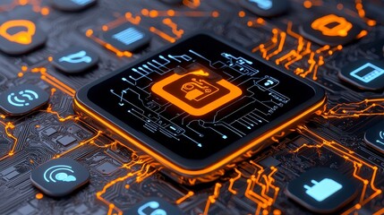 Glowing Orange Microchip on Circuit Board with App Icons