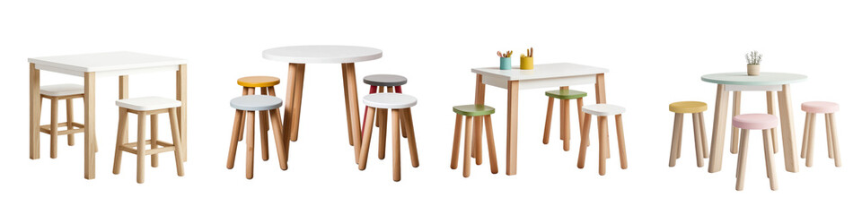 Fototapeta premium Minimalist Scandinavian Style Wooden Furniture Set Featuring a Dining Table Chairs and Stools for Cozy and Functional Home Interiors Modern Contemporary