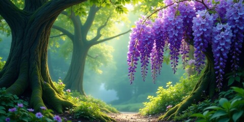Mystical Forest Path Illuminated by Sunlight Filtering Through Ancient Trees Draped with Vibrant Purple Wisteria Blossoms