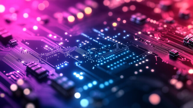 A futuristic electronic circuit board with glowing pathways symbolizes modern technology, innovation, and high-speed digital communication, illustrating the seamless flow of data in a connected world. - Powered by Adobe