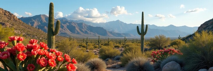 Prickly pear and cholla cactus foreground, Scottsdale mountains backdrop , bright, Sonoran Desert