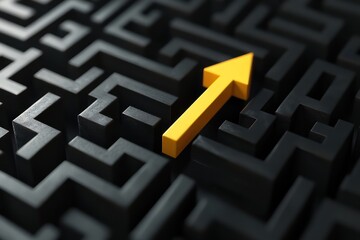 Yellow arrow navigating black maze; solution, challenge, path