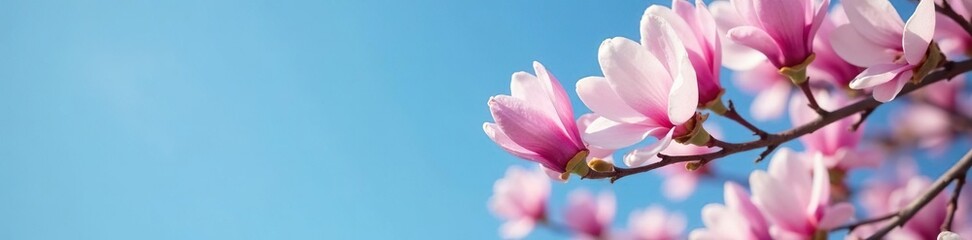 Fototapeta premium The blossoms are densely packed on the branches, flower, blue sky, magnolia