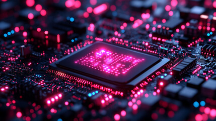 A futuristic electronic circuit board with glowing pathways symbolizes modern technology, innovation, and high-speed digital communication, illustrating the seamless flow of data in a connected world.