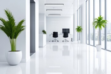 Modern Office Interior Design - Sleek, minimalist office space with white walls, shiny floors, and modern furniture. Plants add a touch of nature