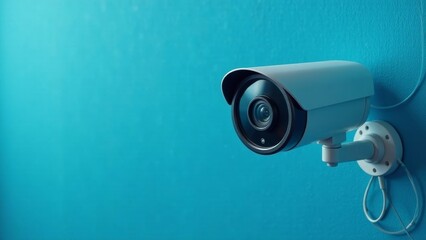 Modern Security Camera Mounted on a Vibrant Blue Wall Providing Surveillance and Protection