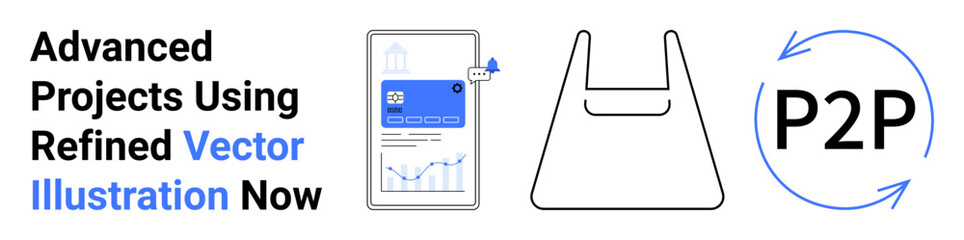 Fototapeta premium Tablet screen with data graphs, shopping bag outline, P2P cycle icon. Ideal for fintech, e-commerce, digital tools, analytics, peer-to-peer systems, project management flat landing page banner
