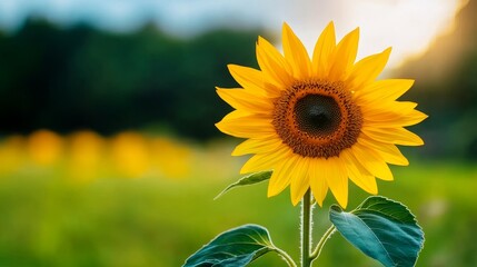 Obraz premium Vibrant Sunflower in a Field - Single sunflower in focus, other sunflowers blurred in background, green field, sunlit scene