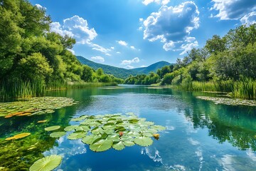 Serene river, lilies, forest, blue sky