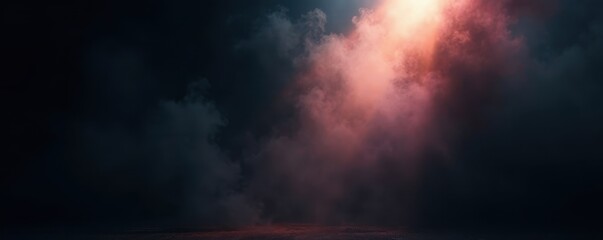 Fototapeta premium Dramatic spotlight cutting through thick black smoke, backdrop, mysterious