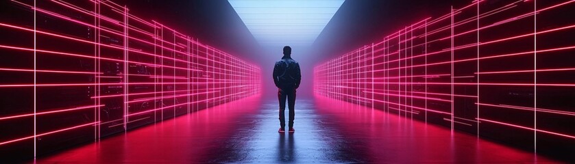 Fototapeta premium cyberpunk dystopian digital collage, neon-lit alleyways combined with glitch art, digital distortions blending with urban decay, futuristic cityscape fused with classical statues, moody cyber