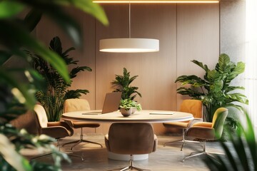 A 3D-rendered modern workspace featuring a round conference table, plush chairs, and green plants, with a contemporary electric lamp overhead.