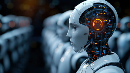 Fototapeta premium Realistic photography of a futuristic robot with glowing eyes representing advanced ai-driven finance solutions