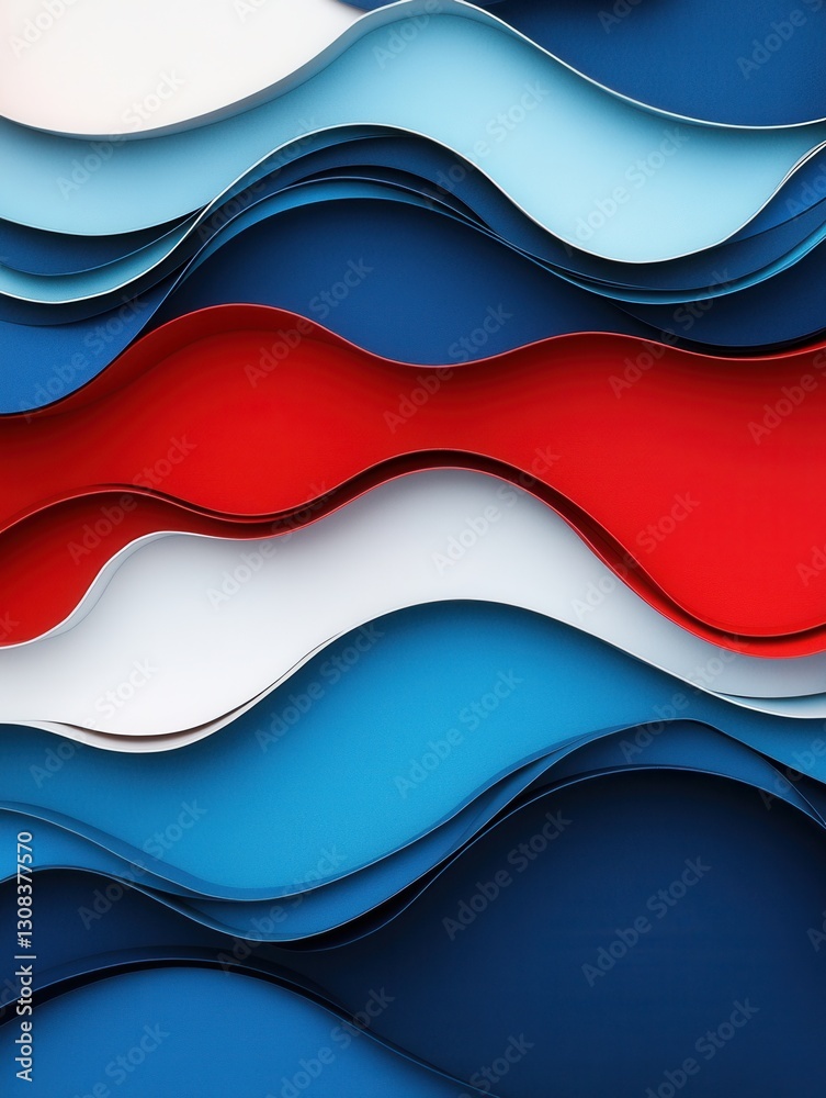 Poster Dynamic layered waves in red, blue, and white create an abstract background symbolizing movement and national pride Generative AI