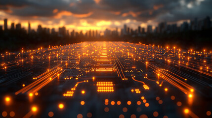 A futuristic electronic circuit board with glowing pathways symbolizes modern technology, innovation, and high-speed digital communication, illustrating the seamless flow of data in a connected world.