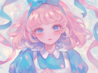 Fototapeta premium 魅惑的なピンクの髪の少女 青の背景とクールな視線