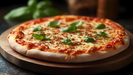 A New York-style pizza with a golden, crispy crust, melted mozzarella cheese stretching as a slice is pulled away, topped with fresh basil and crushed red pepper flakes