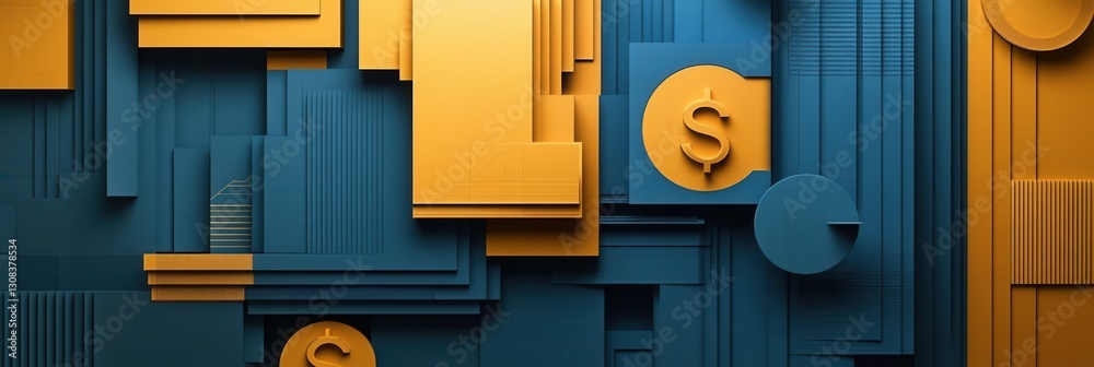 Poster sophisticated paper art background with geometric shapes and financial symbols in golden and deep bl