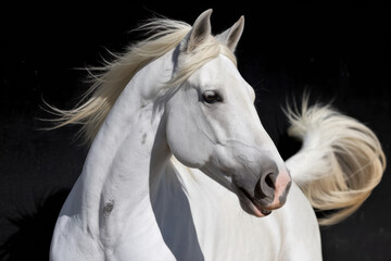 Naklejka premium A white Andalusian stallion in the sun against a black background
