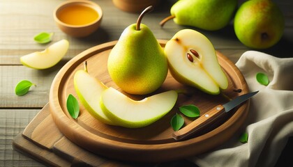 Sliced pears A ripe pear slice on a wooden cutting board highlig
