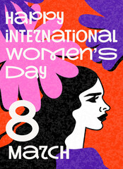 women's day  poster vertical modern vector illustration  with grunge textured background, 8 march, spring eve cover, greeting card, ads