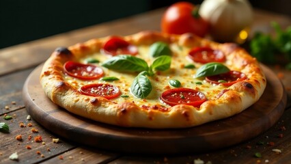 A delicious pepperoni pizza, freshly baked with melted cheese and aromatic basil, sits on a rustic wooden board.  The pizza's crust is golden brown and perfectly crisp.