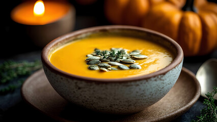 A warm and cozy bowl of creamy pumpkin soup 