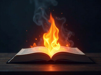 Generate an AI photo of an open book logo design incorporating a stylized fire element.  The image should evoke a sense of knowledge, passion, and enlightenment.  Deep, dramatic lighting and a warm, i