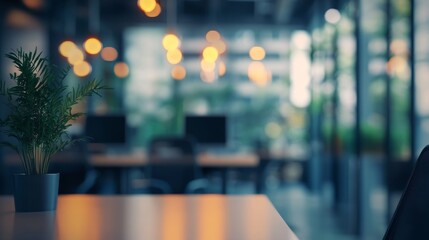 Modern Workspace with Green Plant and Blurred Background Lights