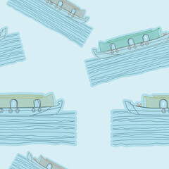 Editable Outline Style Side View Indian Kerala Houseboat Vector Illustration on Wavy Lake Seamless Pattern for Creating Background of Transportation or Recreation of Southwestern India