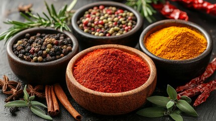 Assorted Spices in Wooden Bowls on Dark Surface