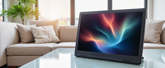 Sleek digital frame displaying vibrant screen in sunlit apartment, modern decor