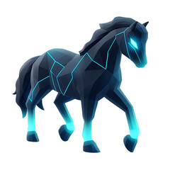 Futuristic polygonal horse, glowing blue energy lines.